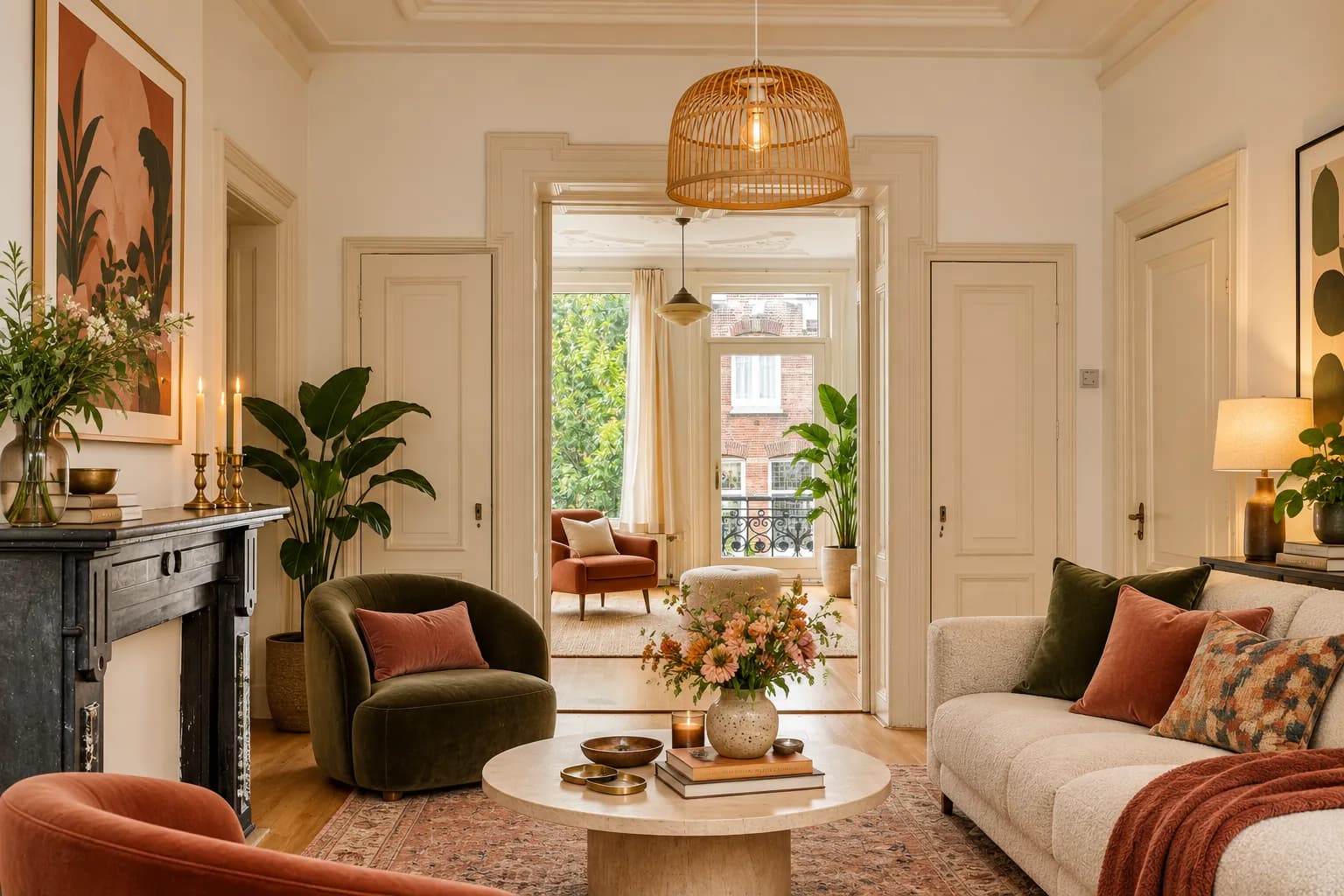 Proposed warm, contemporary Dutch living room with an olive-green velvet armchair, terracotta textiles and sculptural lighting