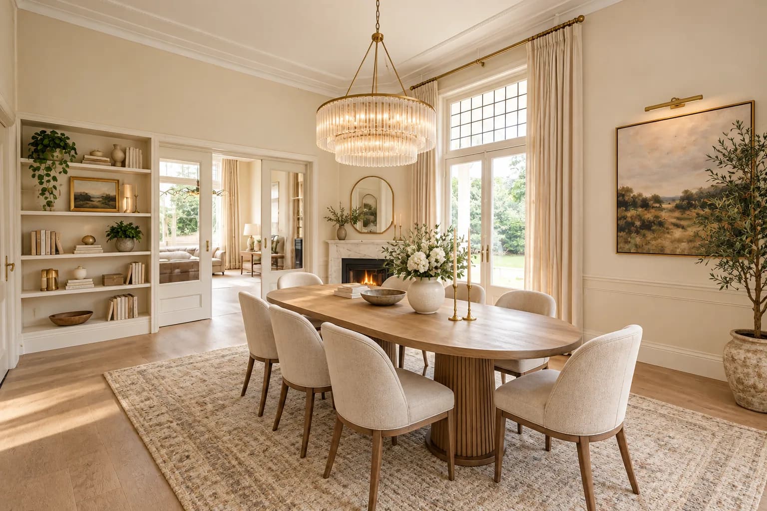 Illustrative dining-room design with a natural wood table, upholstered chairs, glass pendant and styled bookshelves
